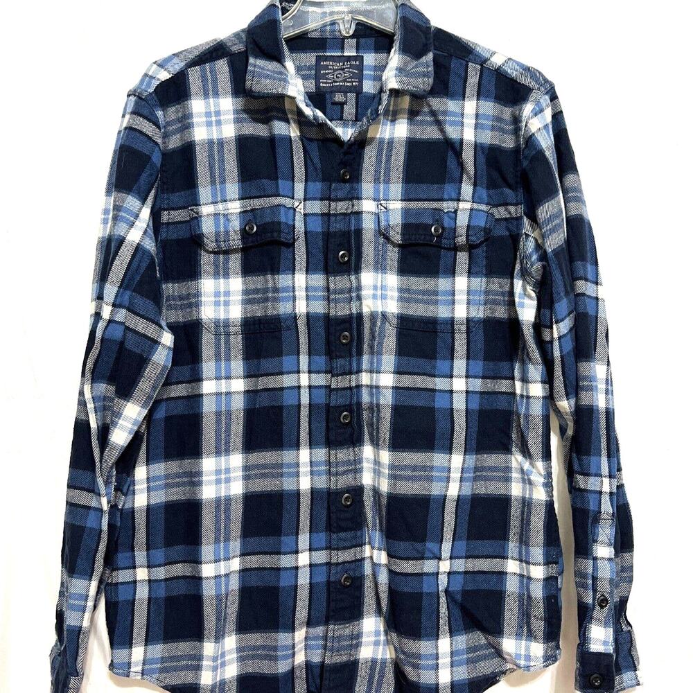 American Eagle Men's Medium Flannel Long Sleeve Plaid Blue Button Up